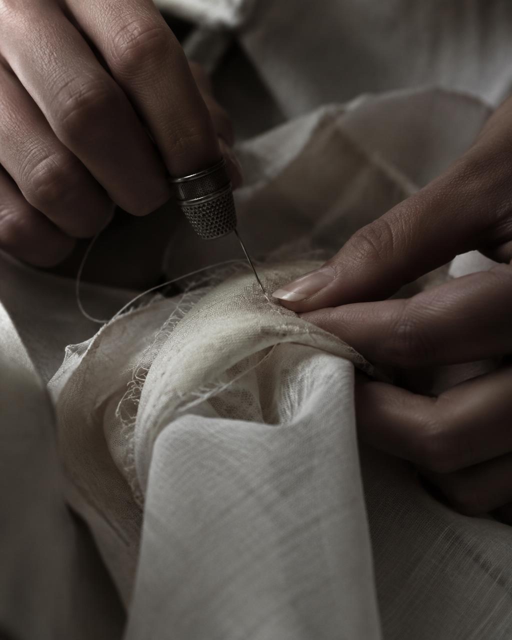 Manos cosiendo a mano una costura en organza de seda con dedal