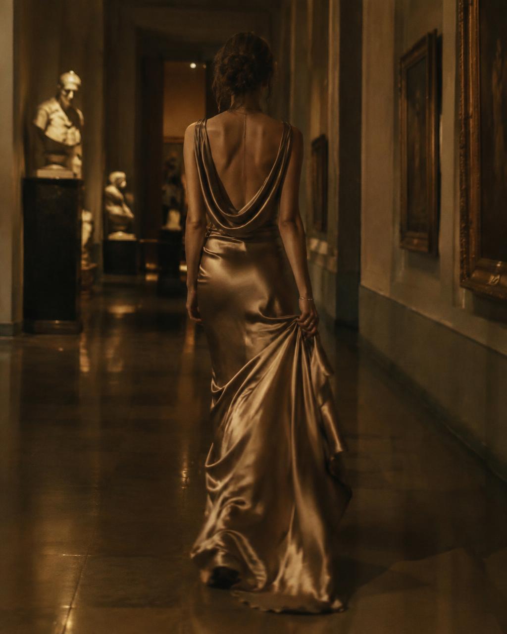 Vestido columna de satén bronce con espalda drapeada en cowl