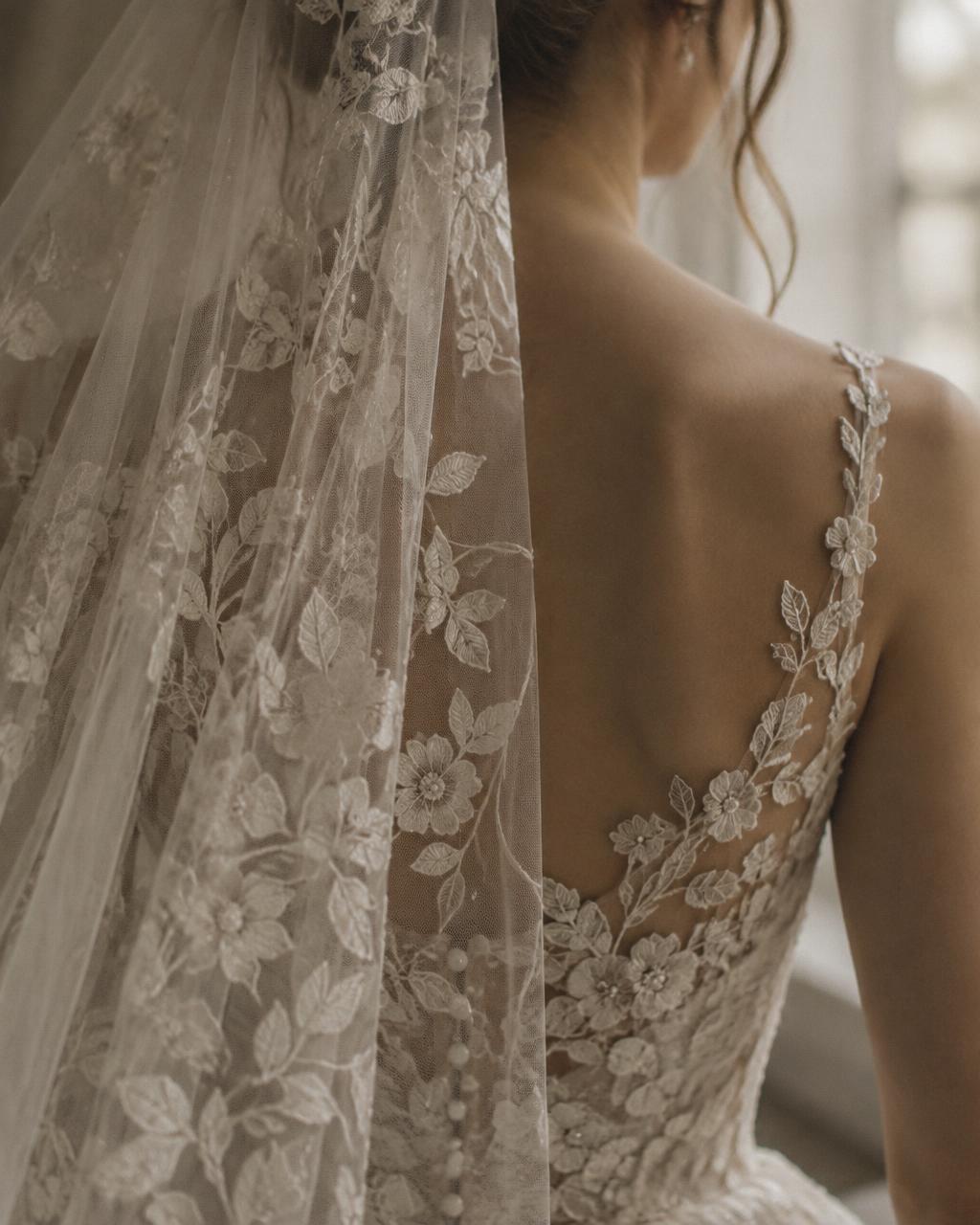Detalle de corpiño y velo de novia bordados con motivo botánico