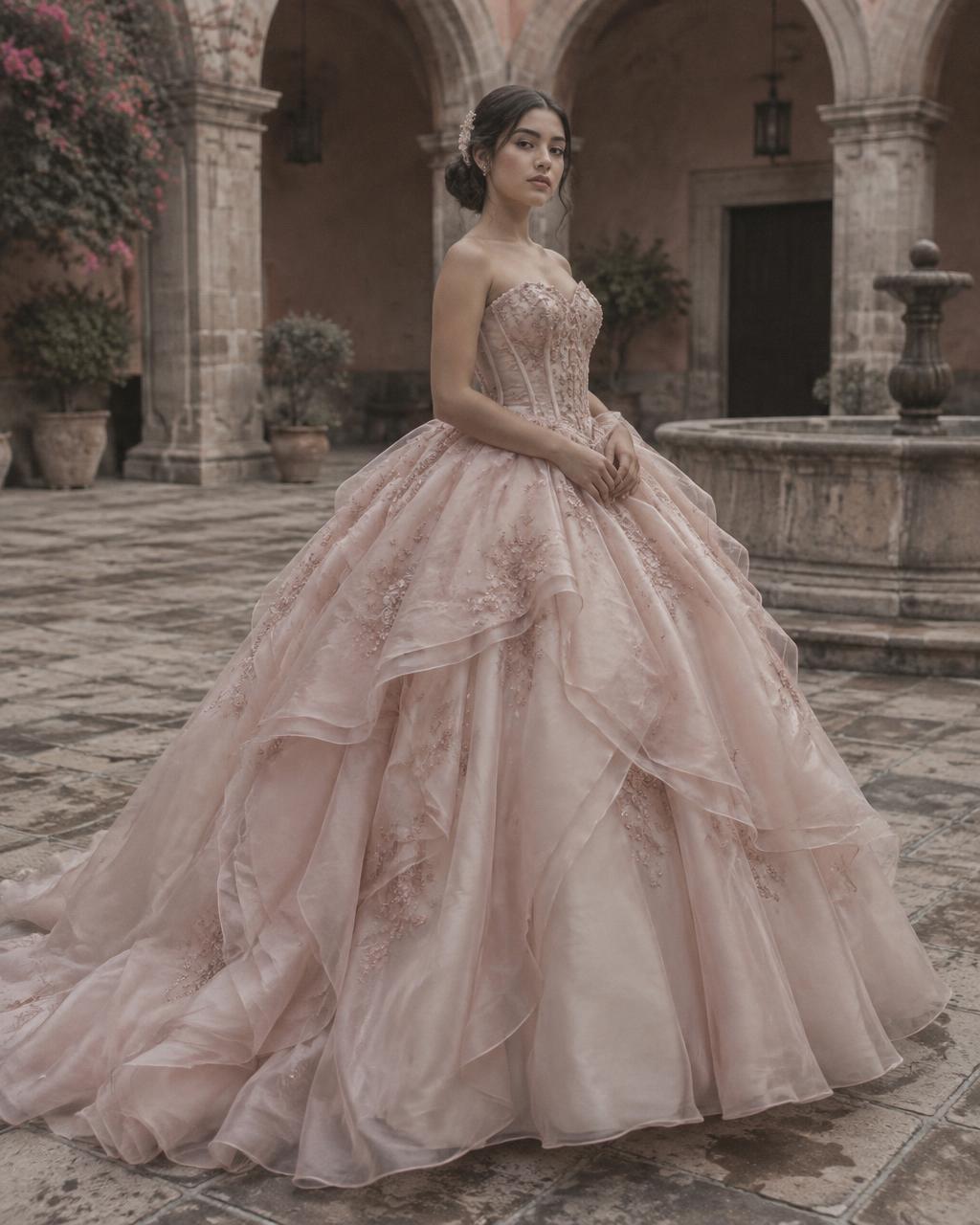 Vestido de quince años en organza rosa con corsé estructurado