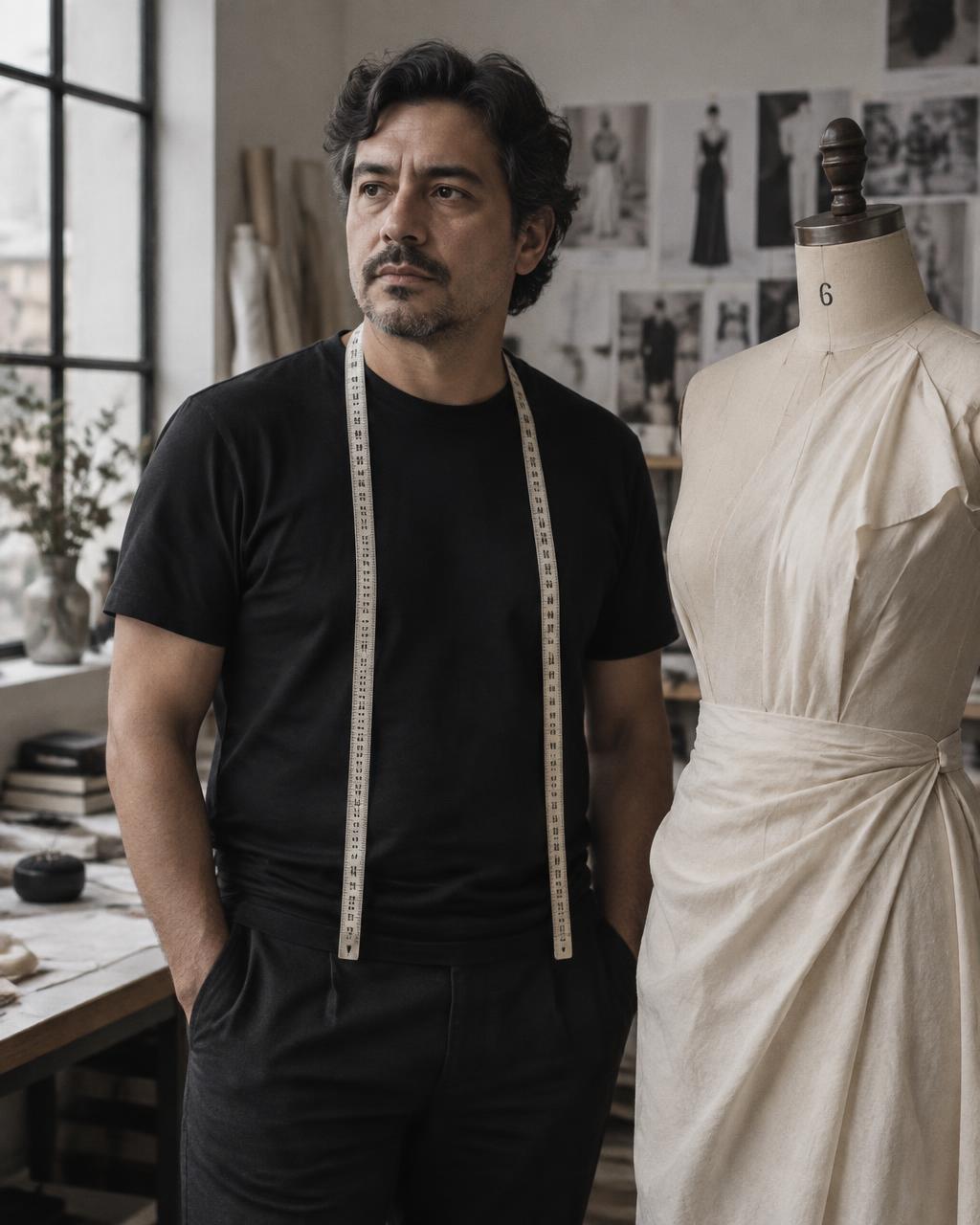 Retrato de Xavier González junto a un maniquí con lienzo de prueba en su atelier